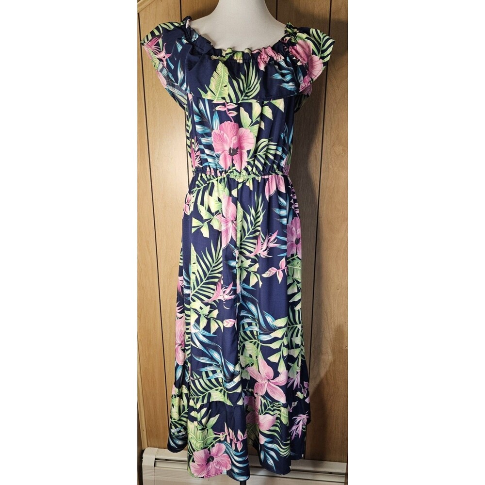 Women 1XL Tropical Floral Maxi Dress Off Shoulder Ruffle Hawaiian Resort Navy